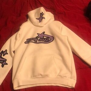Purple and white Stay Wild hoodie
Design on the sleeve and on the hood